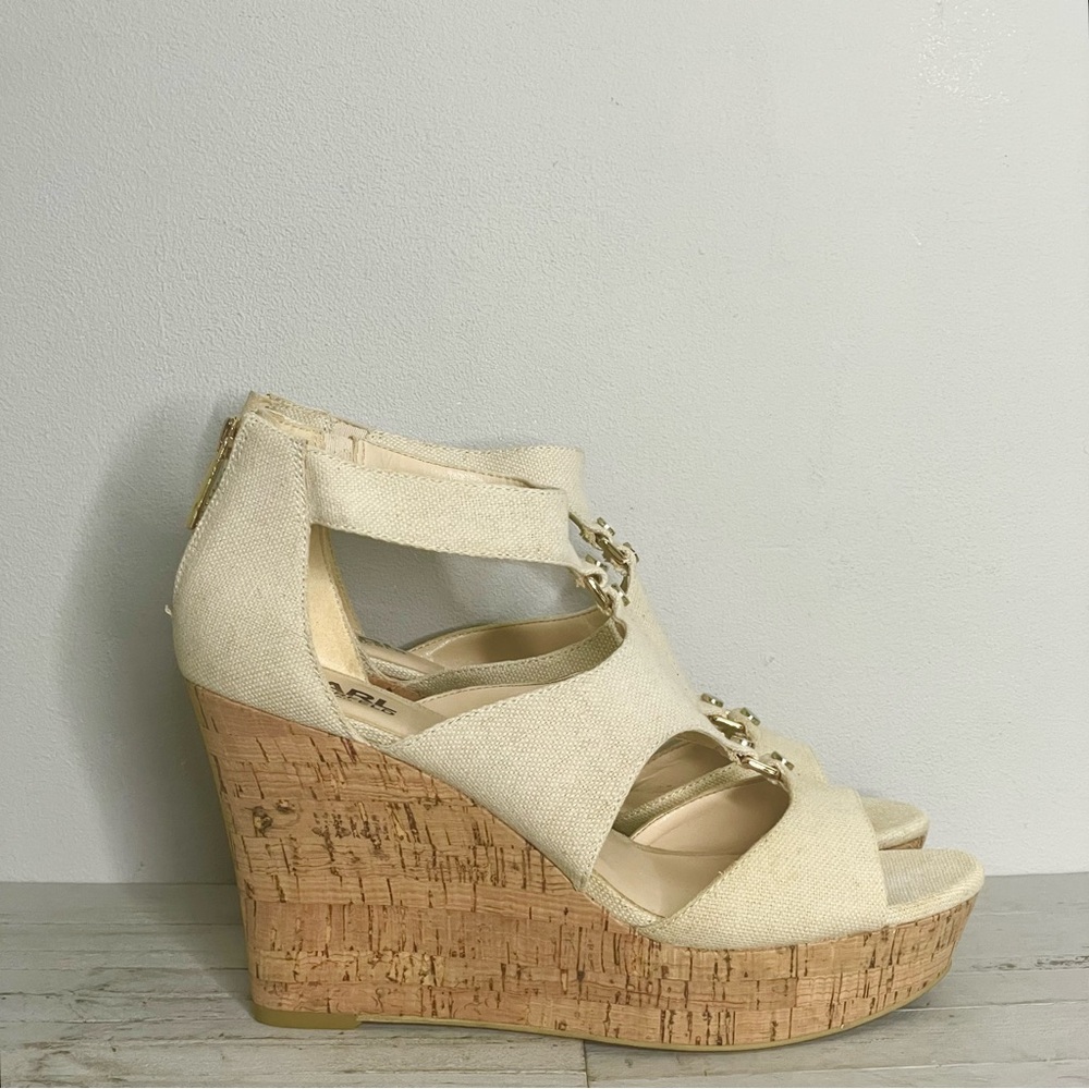 KARL LAGERFELD Savoie Canvas Cork Wedge Heel Open Toe Sandals